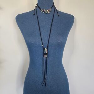 Double Black Cord Adjustable Necklace with Aura Quartz Stones